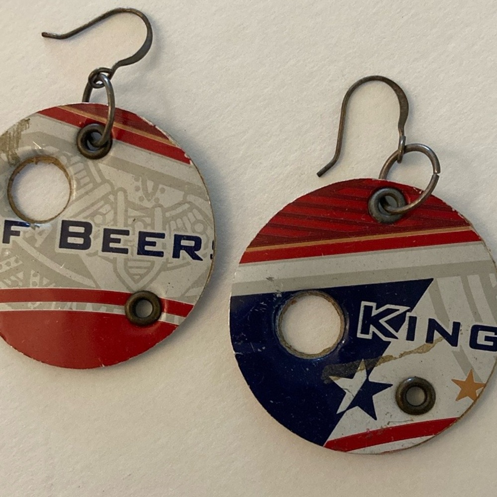 king of beer round dangle earrings NEW upcycled Budweiser quirky handmade